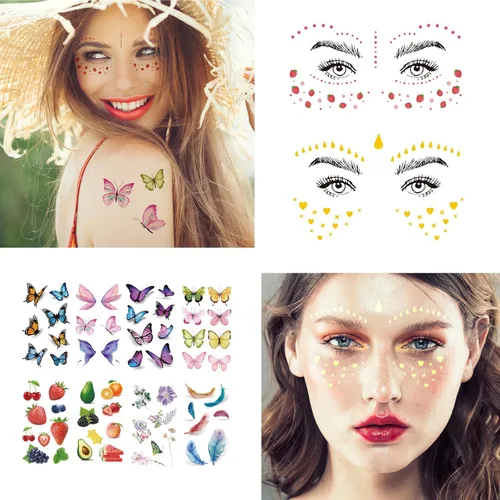 Miniatura 5 de 54 hojas de tatuajes faciales de pecas doradas con purpurina, más de 150 piezas de pegatinas temporales de Halloween con purpurina, pecas brillantes