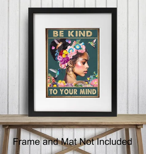 Miniatura 3 de Arte de pared de mujeres afroamericanas negras – Chica negra – Be Kind to Your Mind - Citas inspiradoras - Colibríes Salud mental Póster de arte