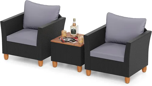 COSTWAY Juego de muebles de ratán de 3 piezas, juego de sillas de mimbre para exteriores con mesa de centro de madera de acacia y cojín lavable,