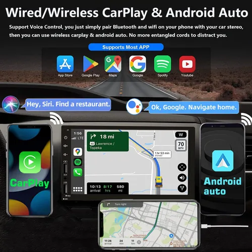 Miniatura 2 de Estéreo de Coche Doble DIN con Apple CarPlay Inalámbrico y Android Auto, Receptor de Audio de Coche con Pantalla Táctil de 7 Pulgadas, Radio