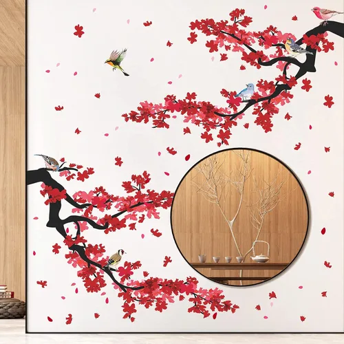 Miniatura 3 de Adhesivo decorativo para pared de ramas de ciruelo rojo 3D, diseño creativo, pájaros, estilo pastoral, extraíble, despegar y pegar, para niños