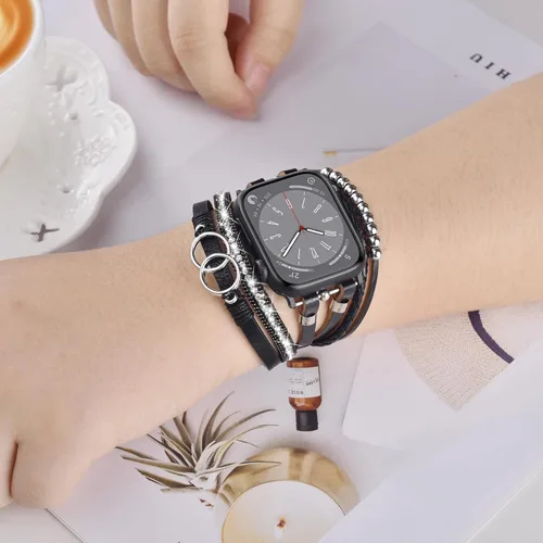 Miniatura 2 de MOFREE - Pulsera de cuero boho compatible con Apple Watch Band de 38, 40, 41 mm, pulsera de cuentas multicapa hecha a mano para Apple Watch, correa
