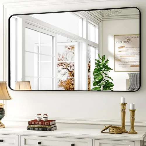 Miniatura 6 de Espejo de baño negro de 36 x 24 pulgadas, moderno espejo rectangular negro para pared con esquinas redondeadas, espejos de baño para tocador, espejo