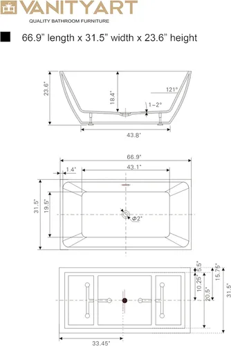 Miniatura 5 de Vanity Art Bañera independiente acrílica de 67 x 32 pulgadas Bañeras de mejoras para el hogar con diseño contemporáneo para remojar y bañarse