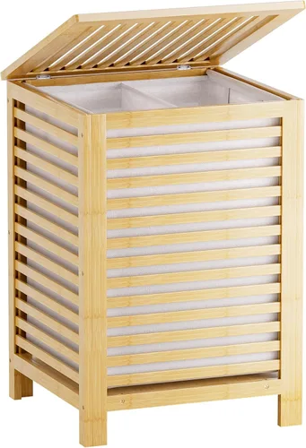 SMIBUY Cesta de lavandería doble con tapa, cesta de lavandería de bambú de 120L con bolsa interior extraíble, clasificador de ropa de 2 secciones