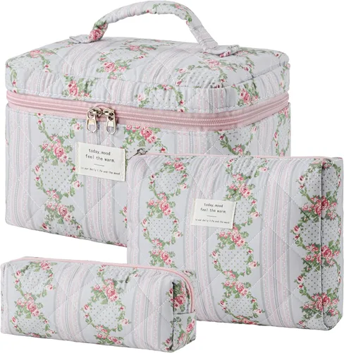 Miniatura 16 de HBselect Bolsa de maquillaje acolchada, 3 piezas de algodón grande, bolsa de maquillaje de viaje, bonita bolsa de maquillaje floral de coqueta