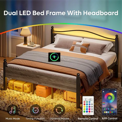 Miniatura 4 de Pinmoco Base de cama tamaño King con cabecero y estribo, cama de plataforma de metal resistente con espacio de almacenamiento debajo de la cama