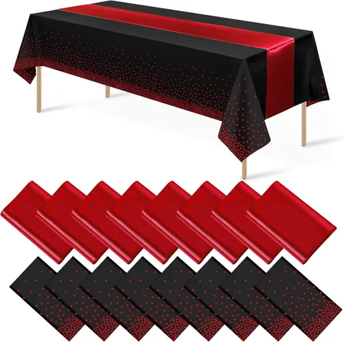 Miniatura 8 de 16 paquetes de manteles de plástico desechables y juego de camino de mesa de satén negro dorado con puntos dorados para graduación, boda