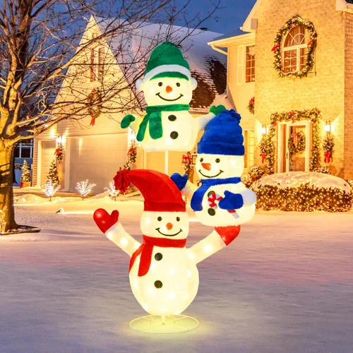 Tangkula Muñeco de nieve de 5 pies iluminado para Navidad, decoración de 3 muñecos de nieve apilados, muñeco de nieve 3D iluminado con estacas de