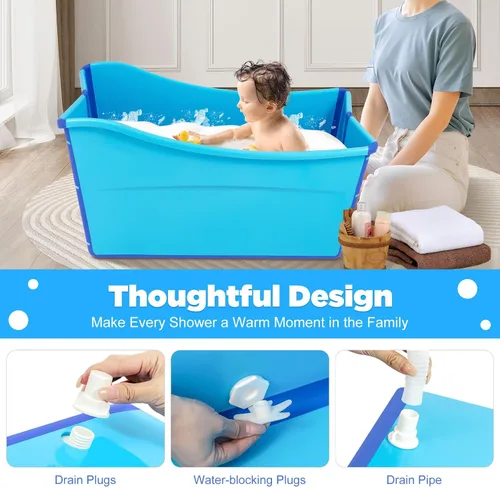 Miniatura 3 de Bañera plegable grande para el hogar, bañera portátil azul para adultos en el baño, bañera independiente con manguera de drenaje de 3.6 pies y tapón