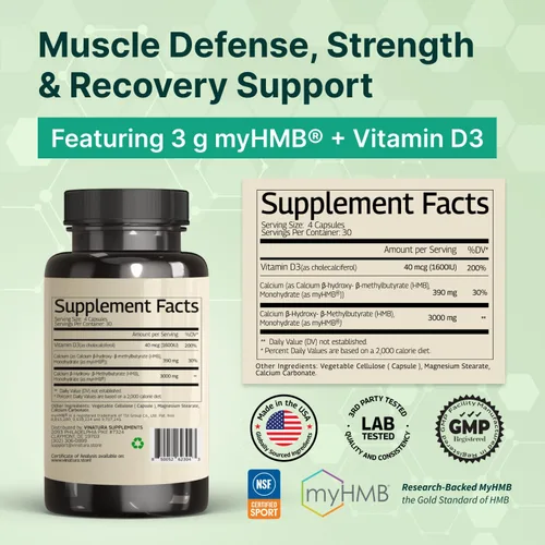 Miniatura 3 de VINATURA Suplemento HMB de 3000 mg y vitamina D3, defensa muscular con HMB (beta-hidroxi beta-metilbutirato), vitamina D3 (1600 UI), fabricado