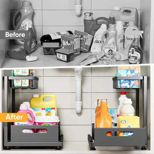 Miniatura 3 de Saydear Organizador de almacenamiento para debajo del fregadero, organizador de armario de cocina extraíble de 2 niveles con cajón deslizante, Negro