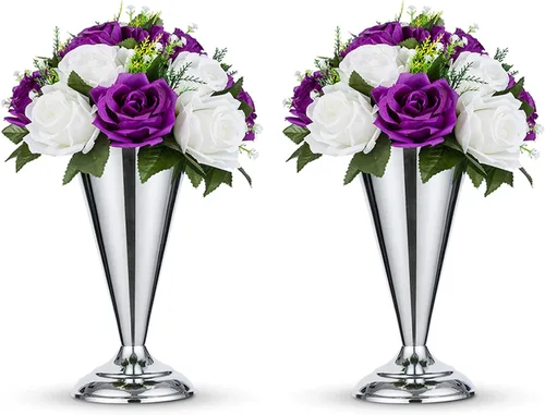 Miniatura 16 de 2 piezas de jarrón de metal para mesa de boda con flores en forma de trompeta, centro de mesa decorativo de 9.8 pulgadas, arreglos de flores