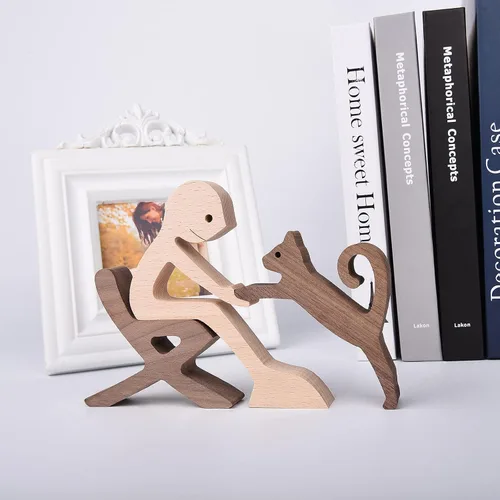 Miniatura 5 de ISHINE Escultura de madera para hombres y gatos, figuras de animales hechas a mano, decoración de madera, figura coleccionable para oficina en casa