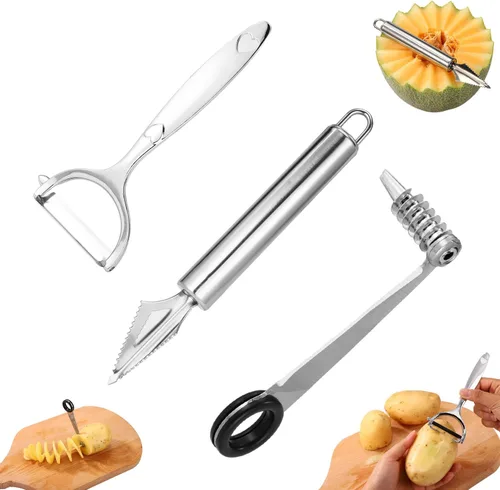 Miniatura 8 de Lyreh 2 cortadores en espiral de verduras y 1 herramienta en forma de V para pelar verduras, herramienta espiralizadora manual de acero inoxidable