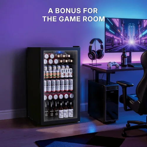 Miniatura 8 de Manastin Refrigerador de bebidas para 130 latas, mini refrigerador de 3.2 pies cúbicos con puerta de vidrio para bebidas, cerveza, vino, luz LED