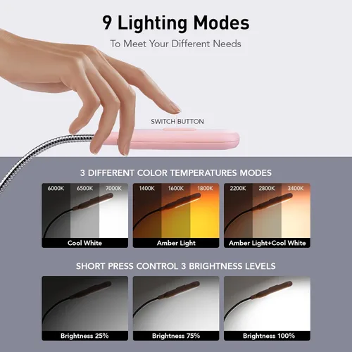 Miniatura 3 de VAVOFO Luz de libro recargable, bloqueo de luz azul, luz de lectura ámbar de 1600 K, luz de lectura con clip de 1600 K, cuidado de los ojos, 7 LED
