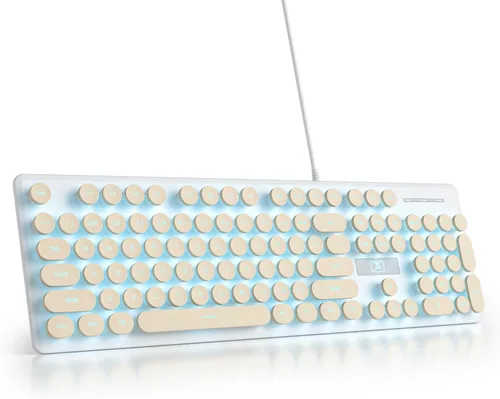 Teclado de máquina de escribir retro con cable, teclado silencioso de computadora iluminado con 104 teclas redondas de tamaño completo, Azul