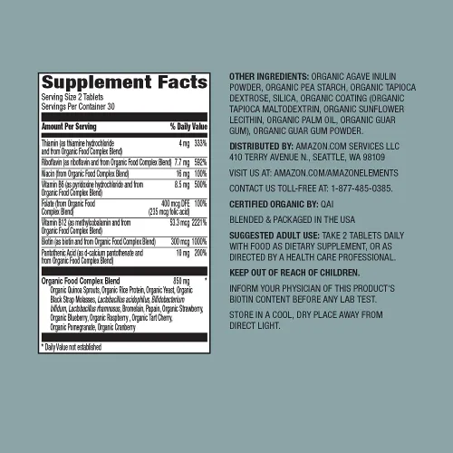 Miniatura 3 de Amazon Elements Complejo B orgánico de alimentos integrales, 98% de fuente de alimentos integrales, ingredientes dietéticos y otros derivados