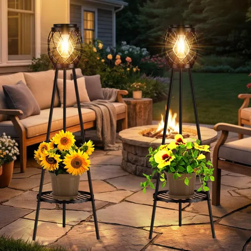 Miniatura 5 de MXwcy Lámpara de pie solar con soportes para plantas, luces solares para exteriores con bombillas LED Edison vintage, luces de jardín resistentes a