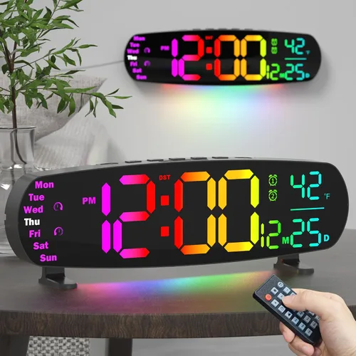 Reloj de pared digital de 13.7 pulgadas con temperatura, 11 colores RGB, luces nocturnas, alarmas, atenuación automática, temporizador, DST, control