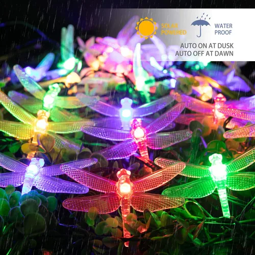 Miniatura 5 de Guirnalda de luces solares de libélula para exteriores, 20.8 pies, 30 luces LED impermeables con energía solar, 8 modos de luces decorativas