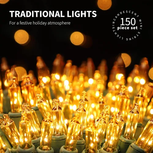 Miniatura 3 de Juego de 150 luces amarillas extra brillantes con conectores finales, luces decorativas de Navidad de 31.9 ft con certificación UL, juego de mini