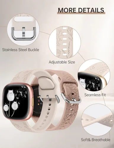 Miniatura 4 de Minyee Paquete de 2 correas grabadas florales compatibles con Fitbit Versa 4/Versa 3/Sense 2/Sense Band para mujer, lindo diseño de girasol
