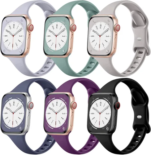 Lerobo Compatible con Apple Watch Banda 44mm 42mm/Banda Apple Series 7 45mm, Paquete de 6 Correas Deportivas Estrechas y delgadas de Silicona