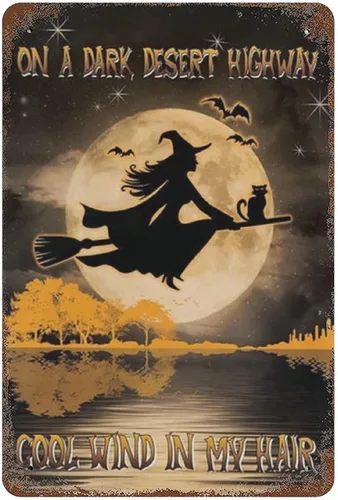 Letrero de hojalata de bruja, Halloween, de bruja, vintage, de metal, retro, de aluminio, para decoración de pared del hogar, café, 8 x 12 pulgadas