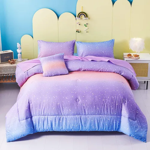 Miniatura 9 de URBONUR Juego de 6 piezas de edredón con brillo degradado para niñas, tamaño completo, ropa de cama de galaxia azul para niños, juego de edredón