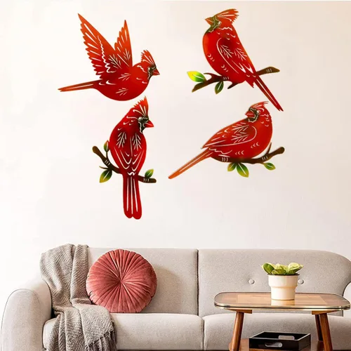 Miniatura 9 de Paquete de 4 piezas de arte de pared cardenal de metal, decoración de pájaros de metal 3D, adornos hechos a mano, pájaro rojo ágil, regalos
