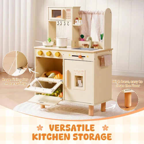 Miniatura 5 de ROBOTIME Juego de cocina de madera para niños, cocina de simulación para niños pequeños con microondas, fregadero, estufa y máquina de hielo, juego