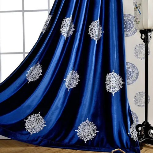 Miniatura 4 de VOGOL Cortinas opacas bordadas para sala de estar, paneles de cortina de terciopelo azul para dormitorio, 52 x 63 pulgadas, 2 paneles