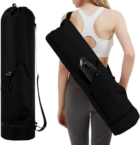 sportsnew Bolsa para esterilla de yoga con bolsillo para botella de agua y bolsillo inferior para artículos mojados, bolsa de transporte para Negro