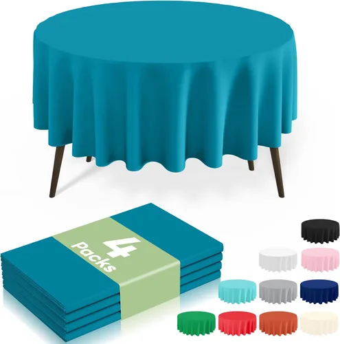 Miniatura 37 de misaya Paquete de 4 manteles desechables de plástico, mantel redondo impermeable de 84 pulgadas, a prueba de fugas y resistentes manteles Azul
