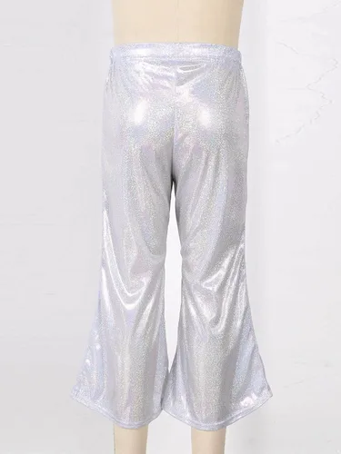 Miniatura 5 de Agoky Pantalones de baile de lentejuelas brillantes para niñas y niñas, pantalones acampanados de pierna ancha, pantalones acampanados para hip hop