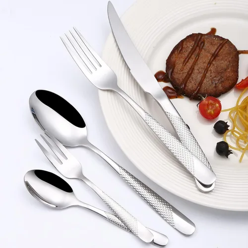 Miniatura 7 de Modern Silverware - Juego de cubiertos martillados de acero inoxidable de 20 piezas para 4 personas, incluye tenedores, cucharas, cuchillos, plateado