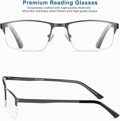 Miniatura 5 de EYECEDAR Paquete de 5 lentes de lectura para hombre, lentes de bloqueo de luz azul, gris plomizo, metal, medio marco, bisagras de resorte, lectores