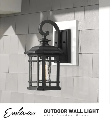 Miniatura 5 de Emliviar Luces de Farol de Pared para Exteriores, Lámpara de Aplique de Pared Exterior de 1 Luz, Acabado Negro con Vidrio Granulado Transparente