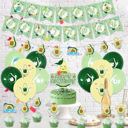 Miniatura 7 de Decoraciones de cumpleaños de aguacate, suministros para fiestas temáticas de frutas con pancarta de feliz cumpleaños, pancarta de guirnalda