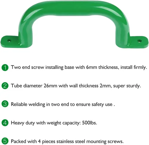 Miniatura 2 de Paquete de 2 asas de metal verde de 10 pulgadas, asas de seguridad para juegos al aire libre, barra de agarre para niños, empuñaduras para casa