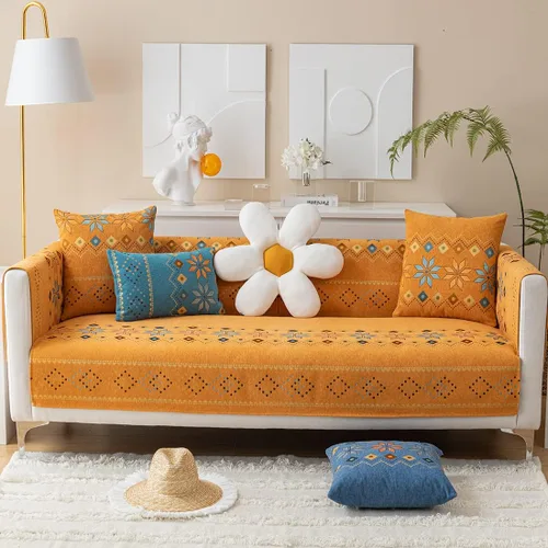 Miniatura 2 de Funda de sofá de chenilla para sofá modular, diseño geométrico bohemio y jacquard antideslizante, protector de muebles para niños, perros y Naranja