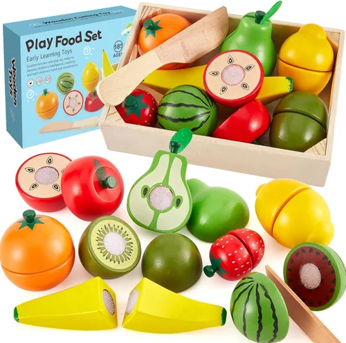 HERSITY Comida de madera para niños, juguetes de cocina para cortar frutas, juegos de simulación para niños pequeños, regalo para niños y niñas