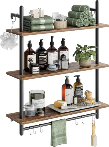 Miniatura 7 de Bestier - Estantería industrial de 3 niveles para tubos, estantes flotantes para libros para pared, estantes colgantes de almacenamiento con barra