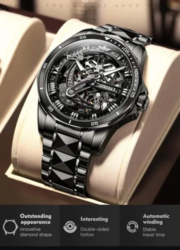 Miniatura 3 de OLEVS Relojes automáticos para hombre, esqueleto mecánico de lujo, color negro, plateado, impermeable, luminoso, cristal de zafiro