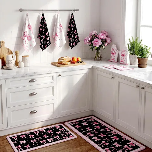 Miniatura 4 de Fourluoo Juego de 10 piezas de decoración de cocina con lazo rosa, 4 paños de cocina a cuadros rosados, 2 soportes para ollas, 2 guantes de horno, 2