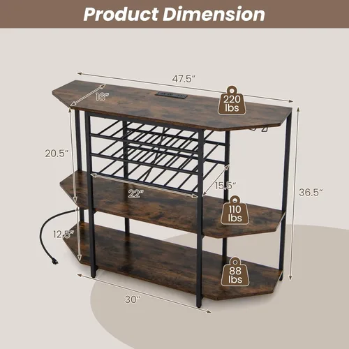 Miniatura 8 de Giantex Armario de bar de vinos con toma de corriente, mini mesa de soporte para barra de café con 21 botelleros y soportes para vidrio, estantes