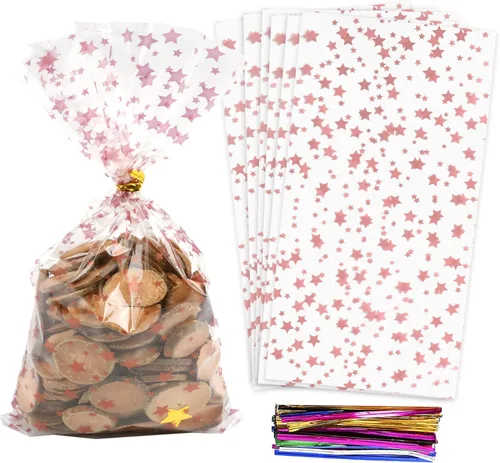 Miniatura 30 de 100 bolsas de regalo de celofán con estampado de estrellas, de 6 x 10 pulgadas, bolsas de regalo de celofán, bolsas de regalo de fiesta, bolsas