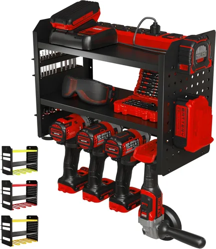 Miniatura 11 de BUILTSTRONG Organizador de almacenamiento de herramientas de metal resistente - Organizador de montaje en pared de 3 niveles, soporte de taladro